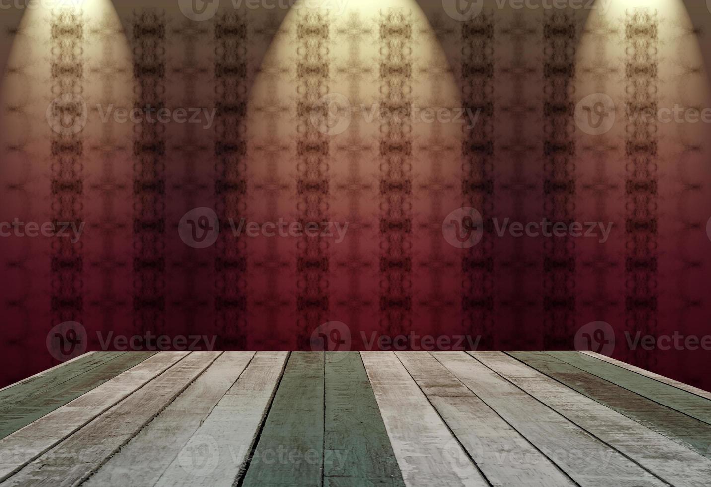 di legno tavolo con astratto sfondo nel buio camera illuminato di 3 macchie foto