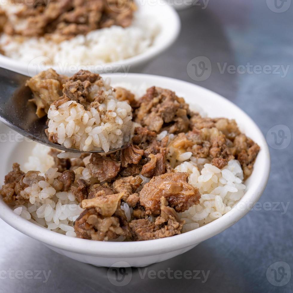 brasato carne Riso, in umido Manzo al di sopra di cucinato riso nel tainan, taiwan. taiwanese famoso tradizionale strada cibo delicatezza. viaggio design concetto, avvicinamento. foto