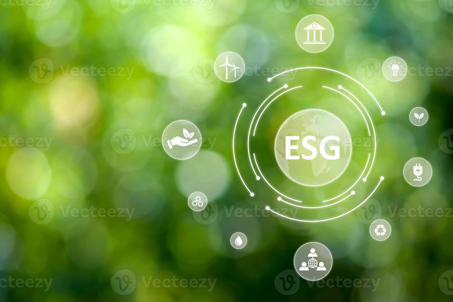 sostenibile attività commerciale o verde attività commerciale sfondo con esg icona concetto per ambientale, sociale, e governo nel sostenibilità e etico attività commerciale su il Rete connessione su un' verde sfondo foto