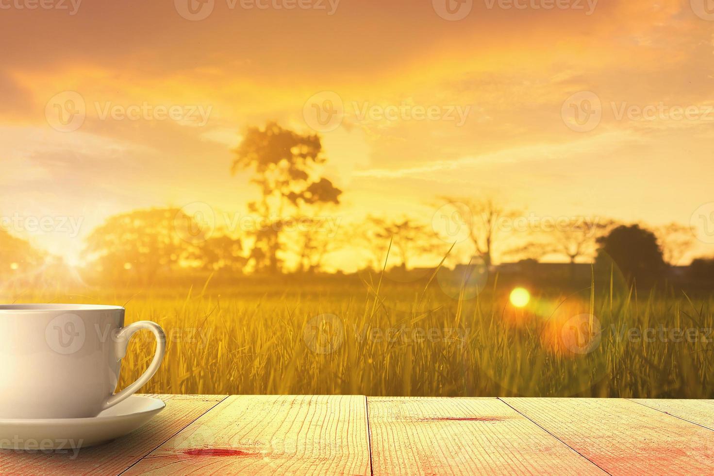 caldo caffè su di legno tavolo e prati a Alba estate natura sfondo foto