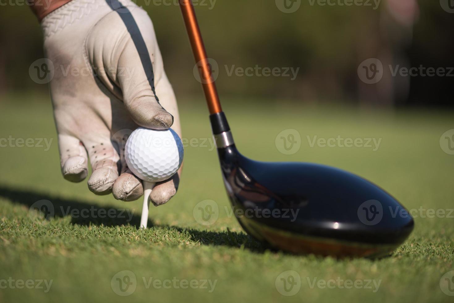 golf giocatore collocazione palla su tee foto