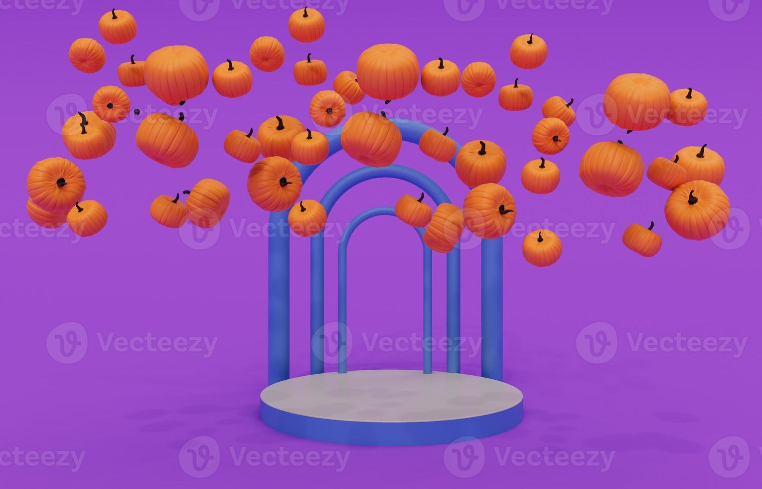 3d interpretazione di Halloween zucca volare, podio, Halloween sfondo design elemento foto