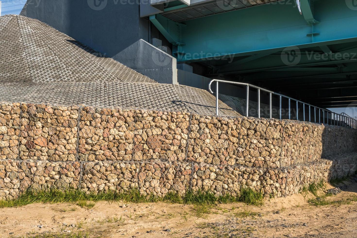 ingegneria struttura fatto di pietre dietro a metallo filo reticolato per rafforzare il fiume banca vicino il strada ponte foto