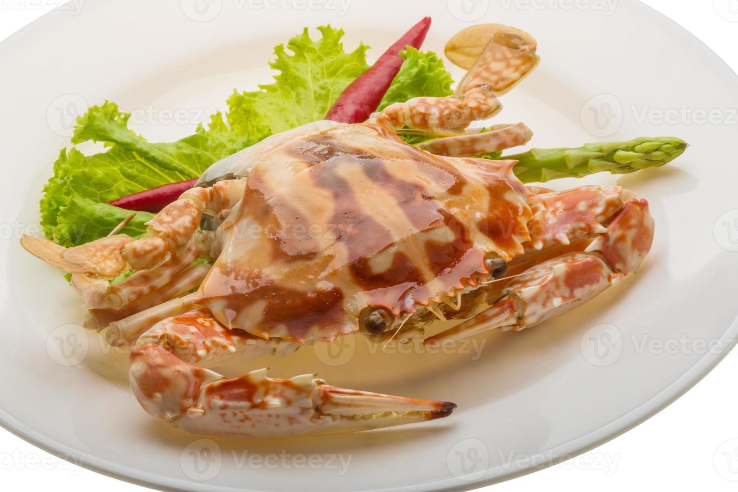 granchio rosso sul piatto e sfondo bianco foto