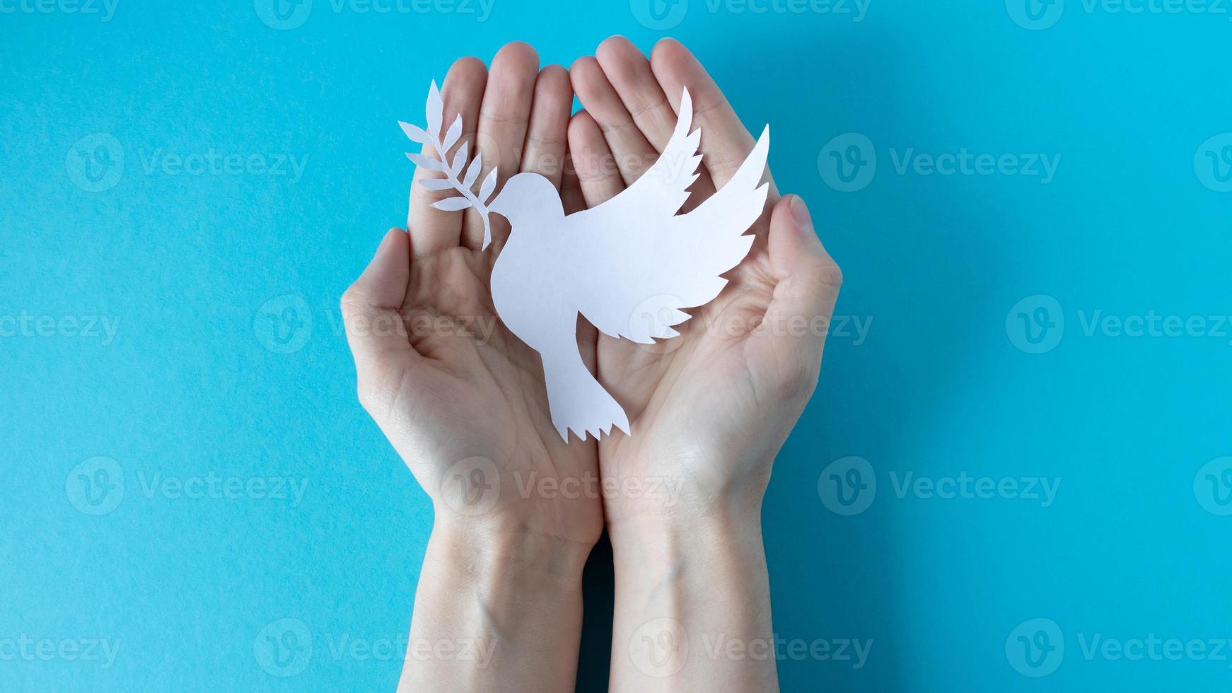 mani Tenere un' carta bianca Piccione su un' blu sfondo. mondo pace giorno. mondo scienza giorno per pace e sviluppo. foto