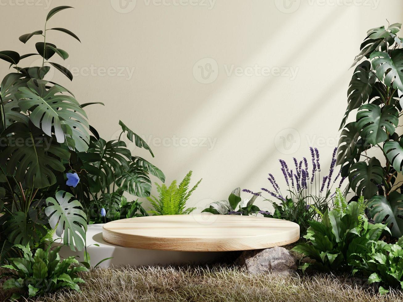 cerchio di legno zoccolo nel tropicale foresta per Prodotto presentazione e crema colore sfondo. foto
