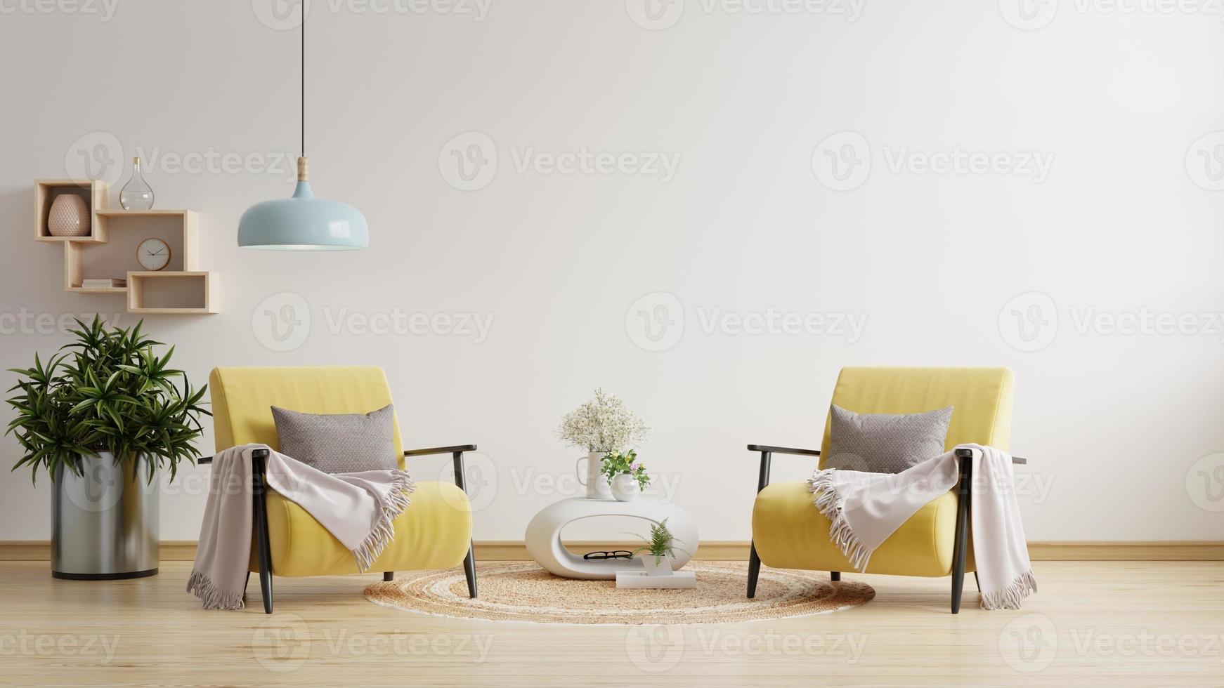 vivente camera con Due giallo poltrona su vuoto bianca parete sfondo. foto