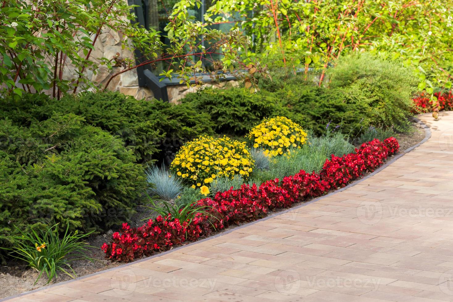 decorativo aiuole con fiori e cespugli nel paesaggio parco foto