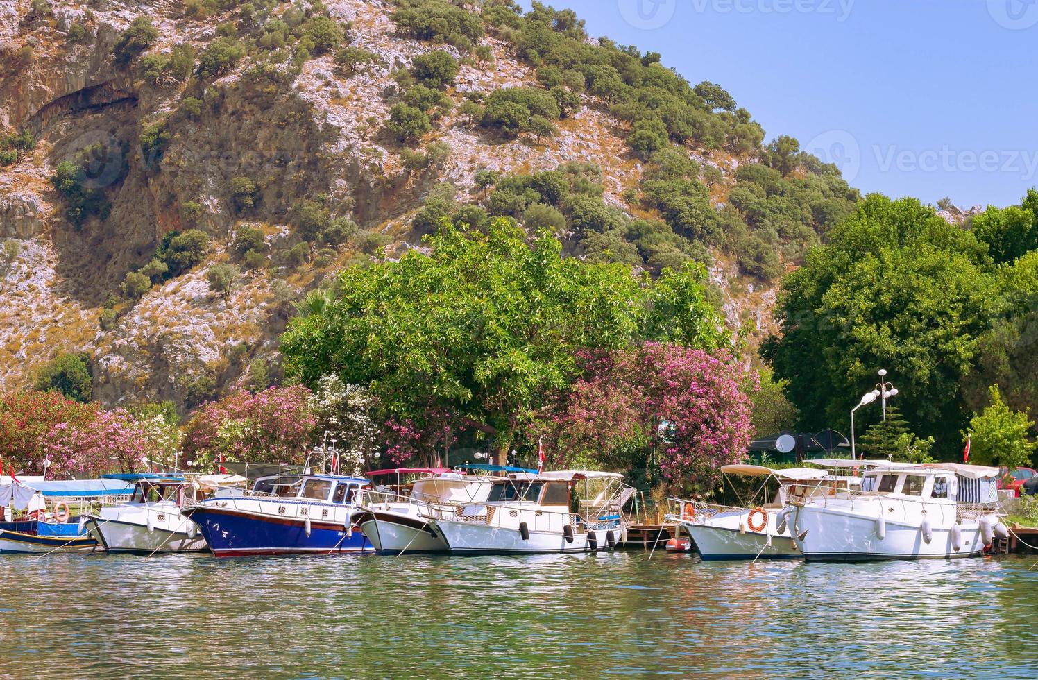 turistico fiume Barche ormeggiato a il molo di il dalyan fiume, mugla, tacchino. foto