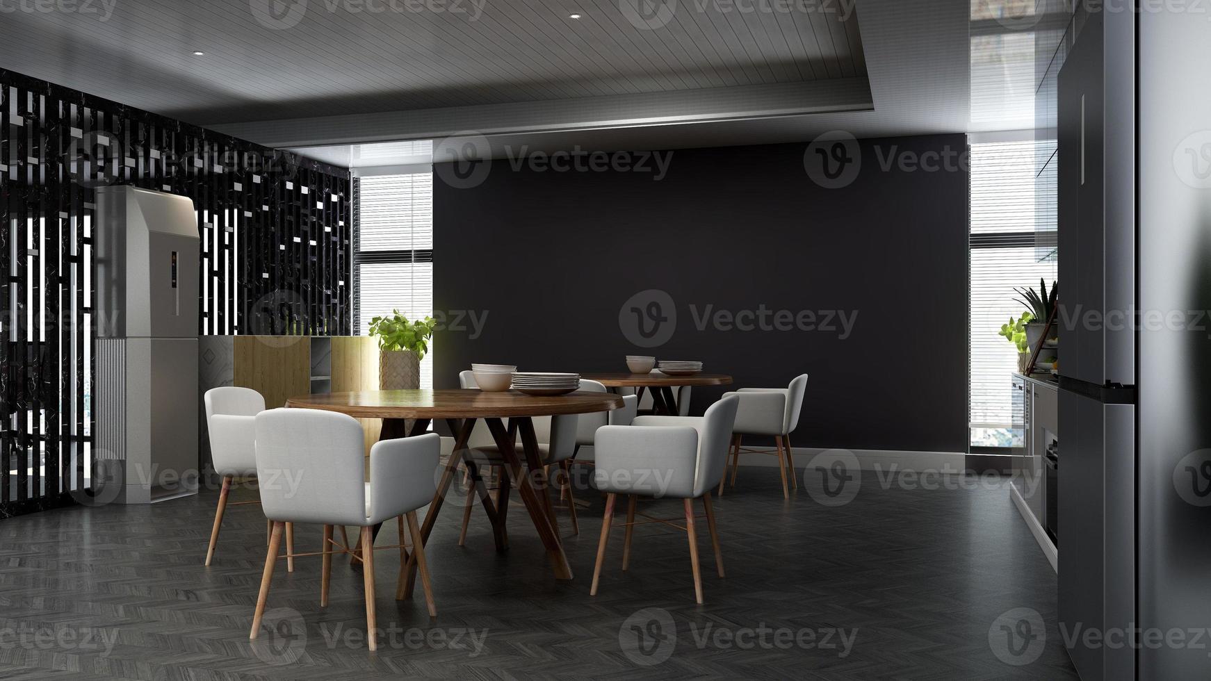 Rendering 3D di una moderna dispensa per ufficio - concetto di cucina minimalista di interior design foto