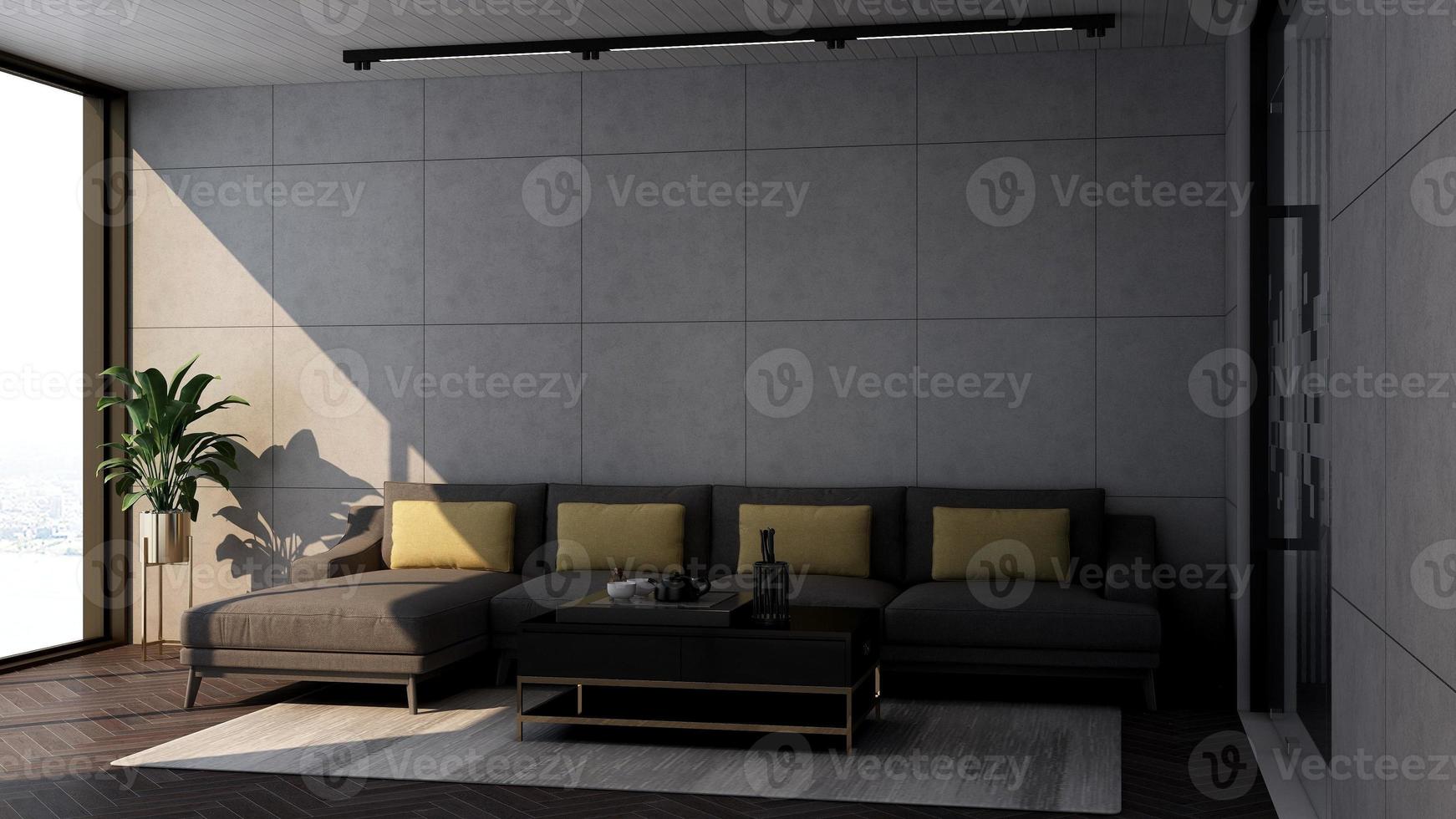 3d rende il design del mockup della parete del salotto degli ospiti con un moderno concetto di interior design minimalista foto