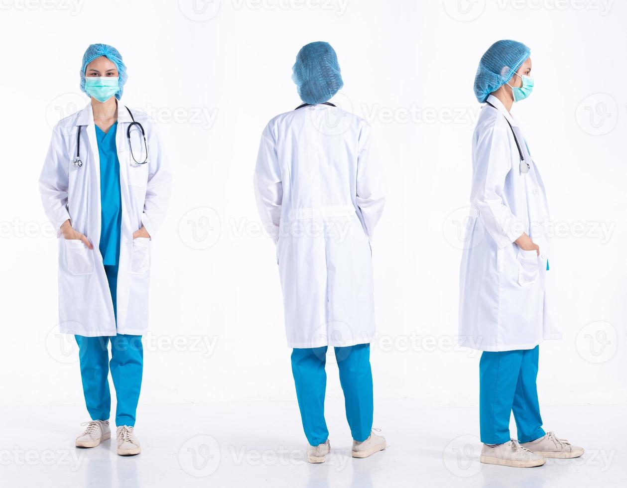 pieno lunghezza 20s giovane mescolare gara ospedale medico donna, 360 davanti lato posteriore indietro Visualizza, indossare maschera stetoscopio cappotto uniforme. chirurgo femmina si sente contento Sorridi al di sopra di bianca sfondo isolato foto