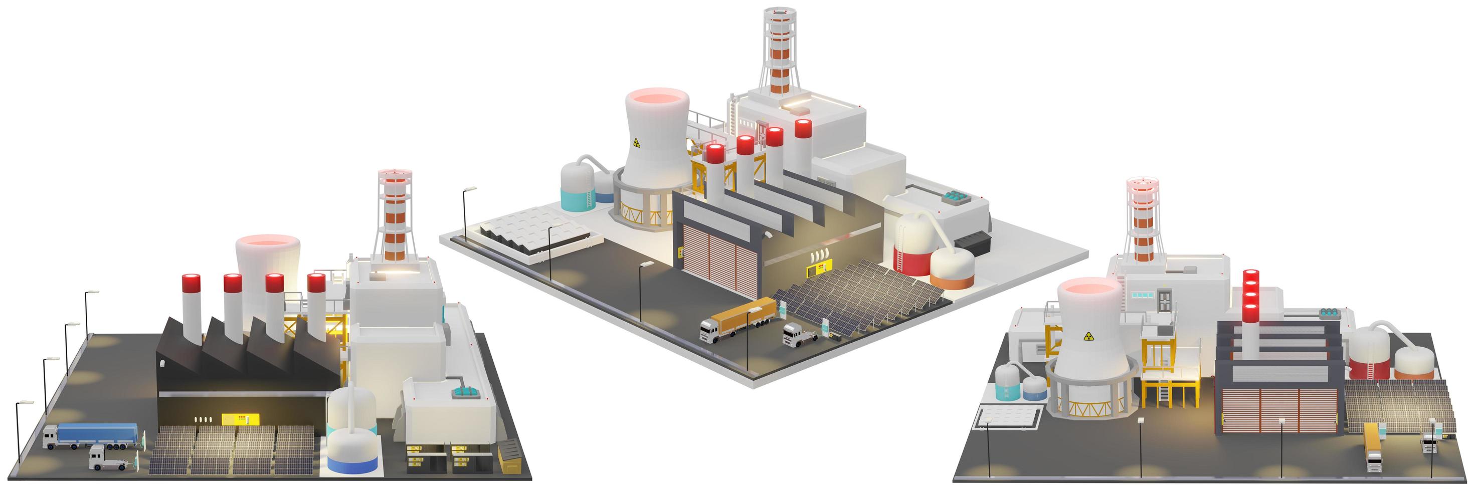 industriale pianta con solare pannelli ev ricarica elettrico sistema nel il fabbrica solare energia impostato incluso 3d illustrazione isolato su un' bianca sfondo con ritaglio sentiero foto