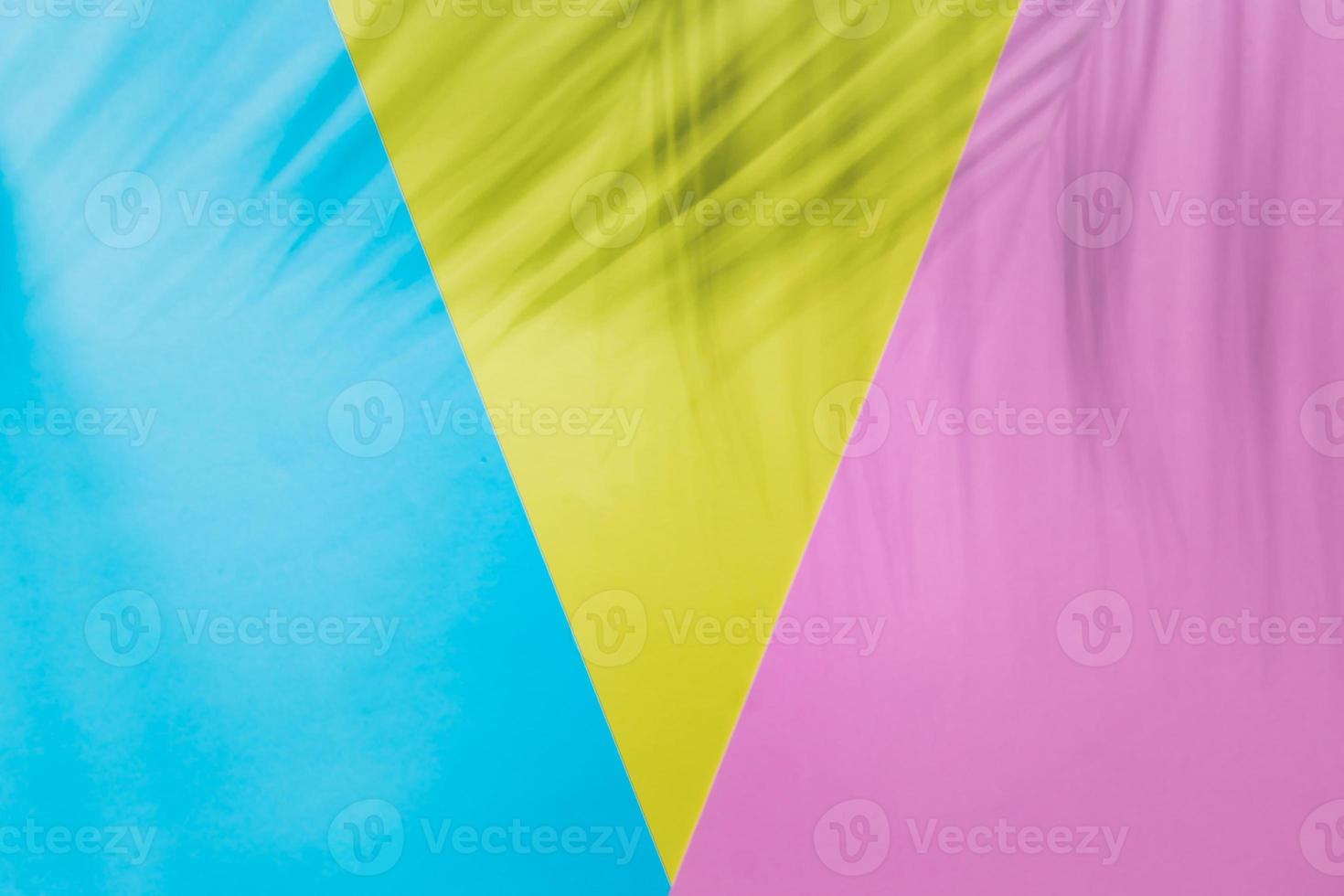 ombre di palma foglia su luminosa rosa, giallo, blu sfondo. posto per testo. foto
