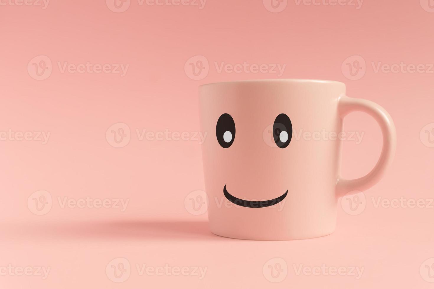 rosa tazza su rosa sfondo. sorridente viso su un' tazza. minimo creativo concetto foto