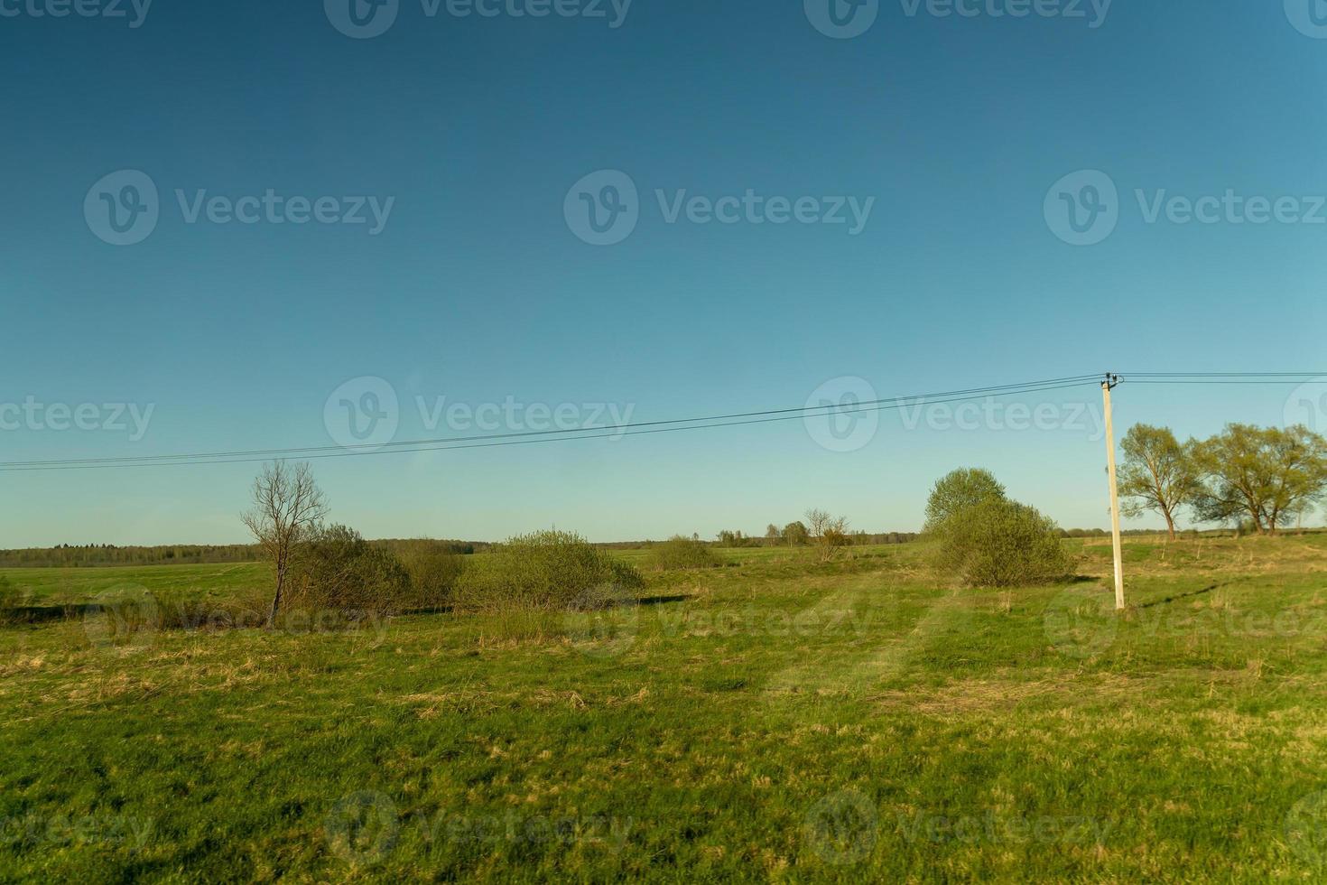 rurale llate primavera paesaggio. verde campo e energia linea lungo il strada. russo nazione lato. foto