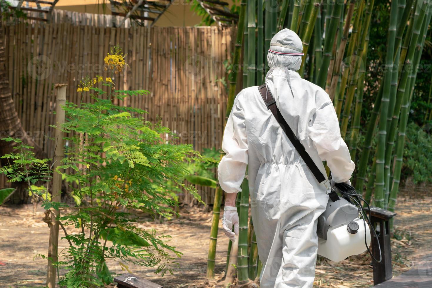 professionale specialista a piedi e osservando in giro il all'aperto giardino per preparare spruzzatura disinfettante liquido soluzione per uccidere coronavirus covid 19. foto