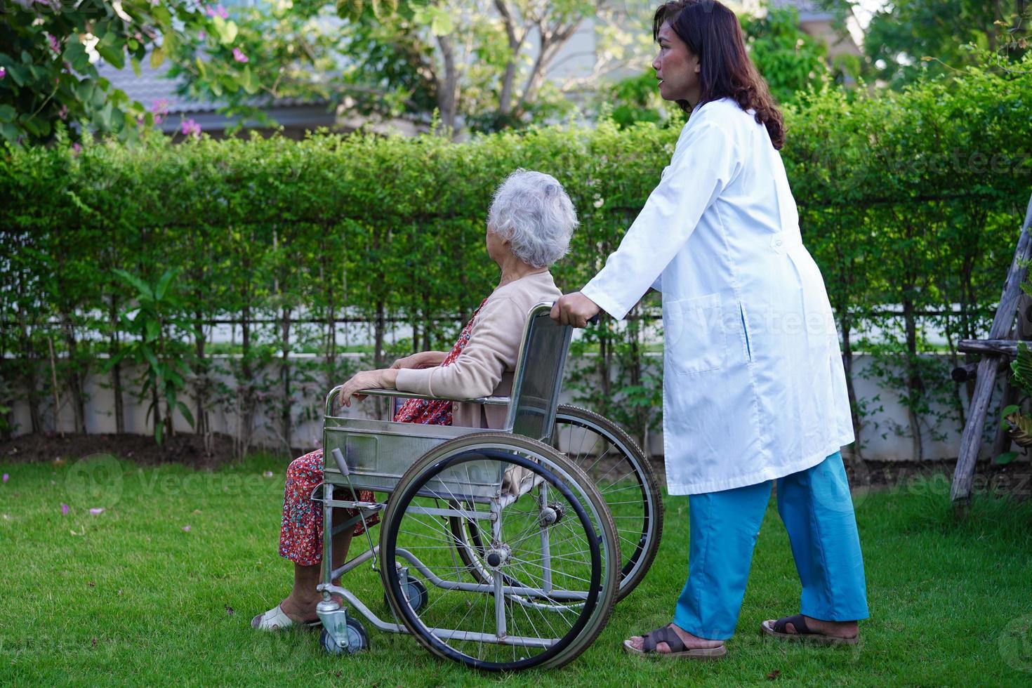 il medico aiuta il paziente asiatico della disabilità della donna anziana che si siede sulla sedia a rotelle nel parco, concetto medico. foto