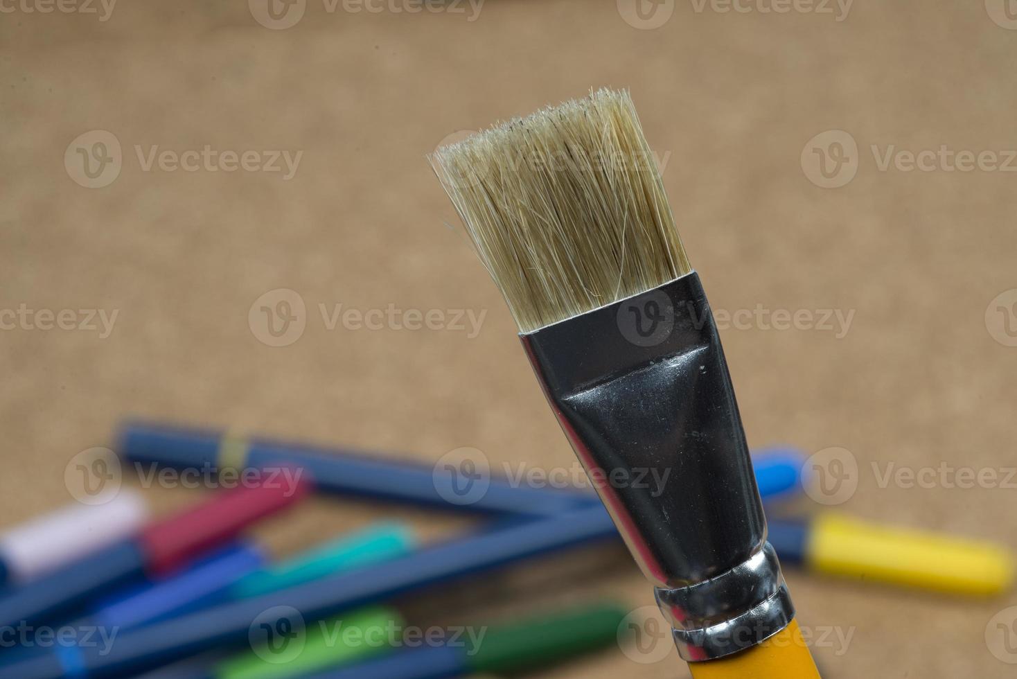 dettaglio di spazzola setole con penna mancia creatore a sfondo. foto