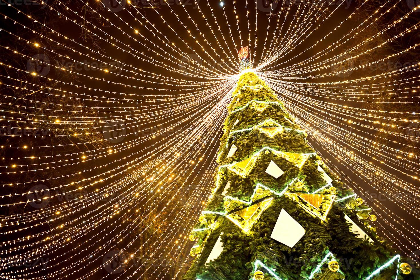 albero di natale della città alta nel parco con un berretto di ghirlande di luci, si illumina di notte sulla strada. natale, capodanno, decorazione della città. Kaluga, Russia foto