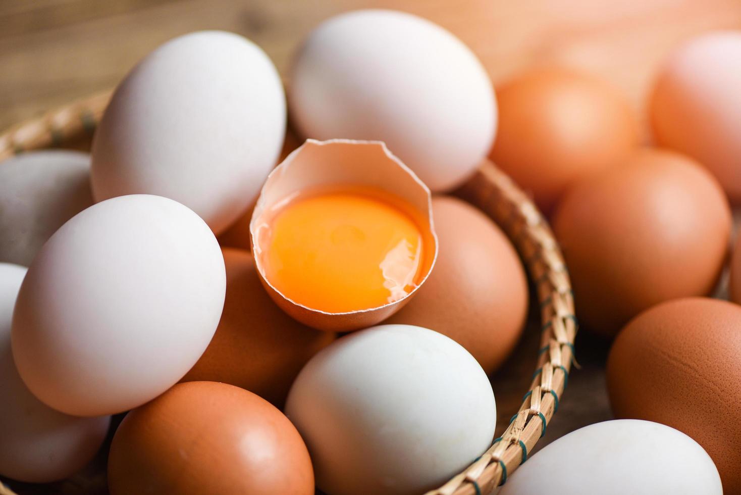 pollo uova e anatra uova raccogliere a partire dal azienda agricola prodotti naturale nel un' cestino salutare mangiare concetto - fresco rotto uovo tuorlo foto