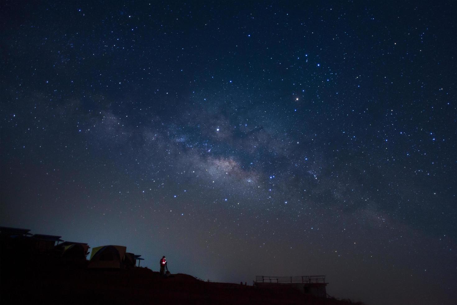 paesaggio con latteo modo, notte cielo con stelle e silhouette di un' in piedi uomo su phutabberk Phetchabun nel Tailandia foto