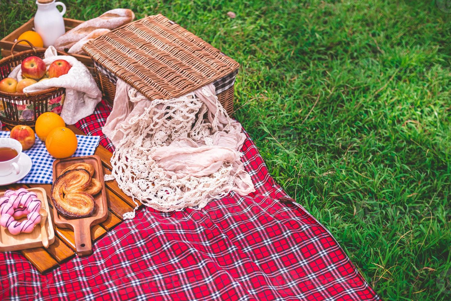 estate picnic con un' cestino di cibo su coperta nel il parco. gratuito spazio per testo foto