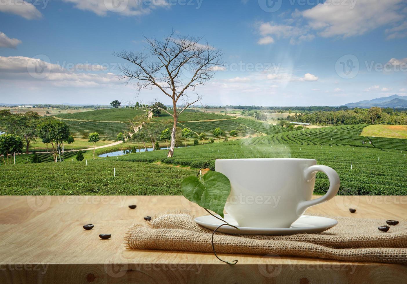 caffè tazza con tela di sacco su il di legno tavolo e il piantagioni sfondo foto