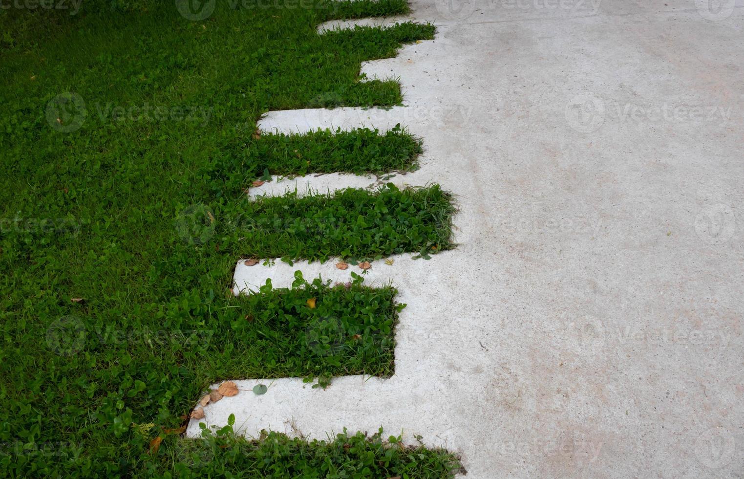 verde prato e calcestruzzo zigzag sentiero nel il parco foto