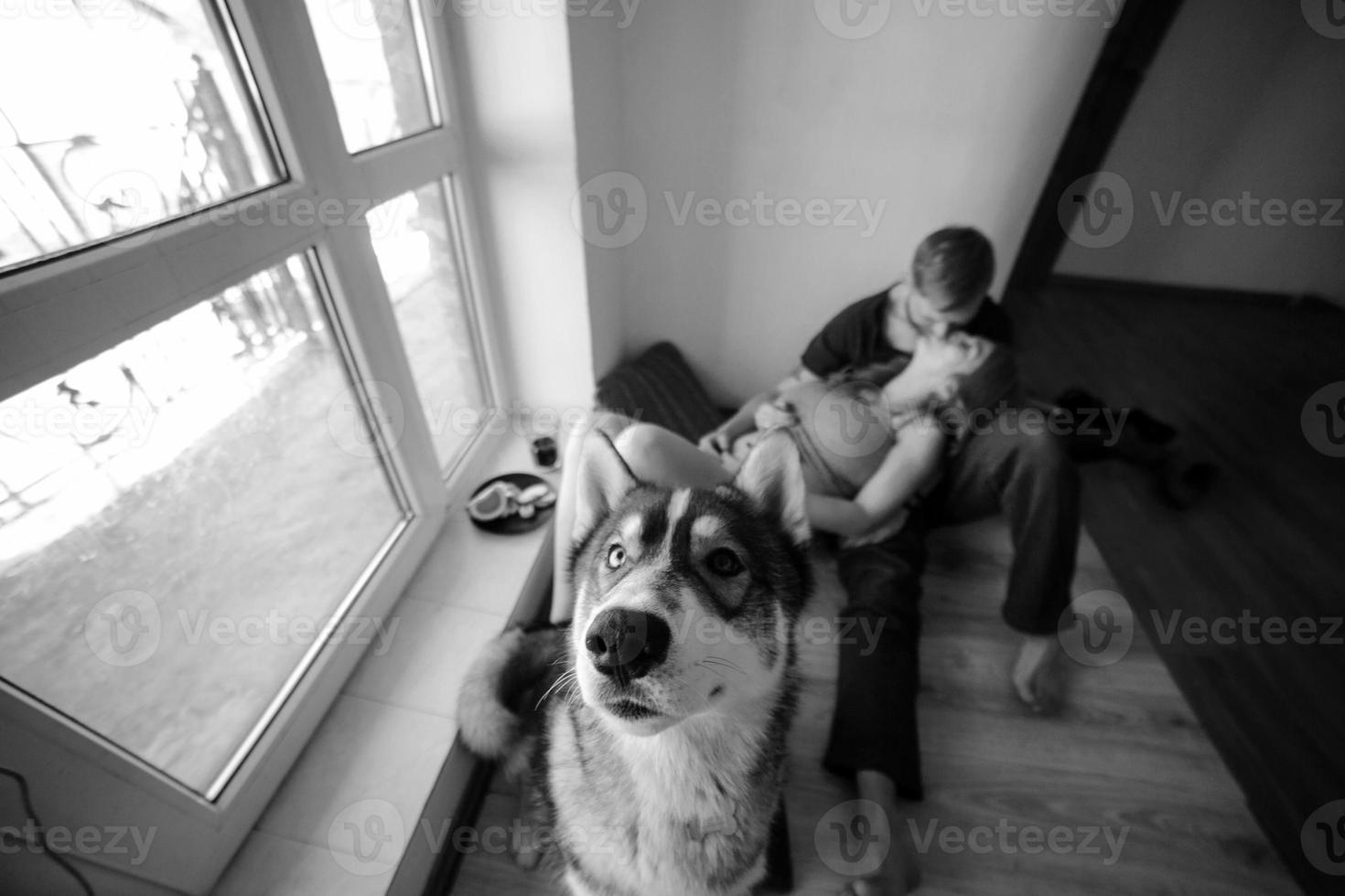 giovane famiglia e cane foto