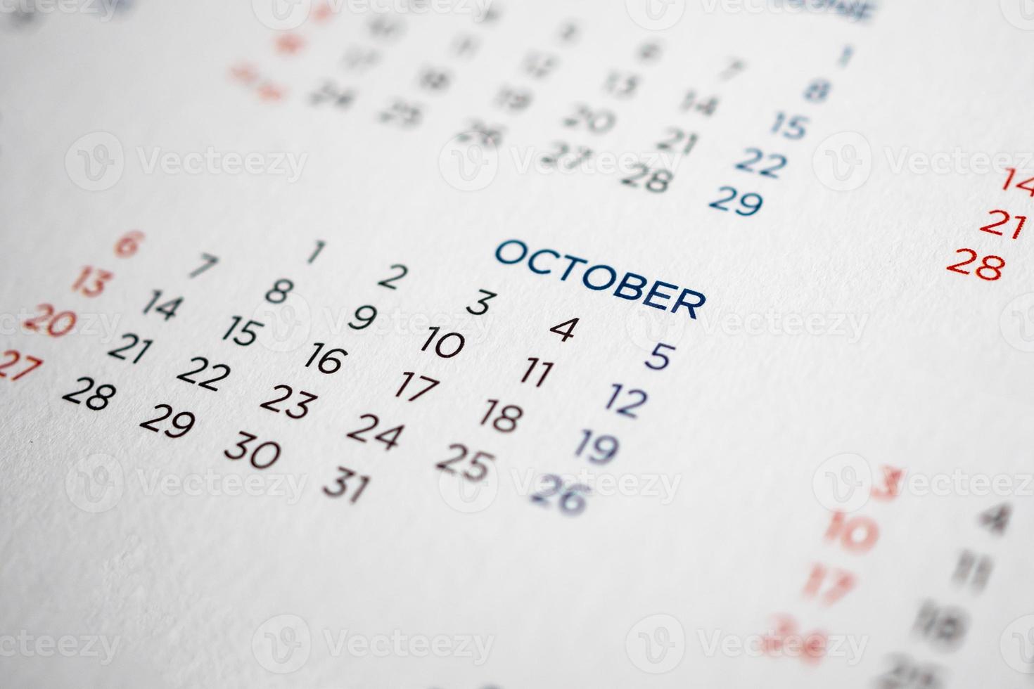 ottobre calendario pagina con mesi e date foto