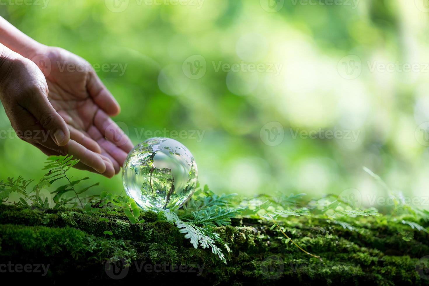 umano mano Tenere globo pianeta bicchiere nel verde foresta con bokeh natura luci. mondo ambiente giorno. concetto per ambiente conservazione, proteggere ecologia terra e ambientale eco-friendly vita. foto