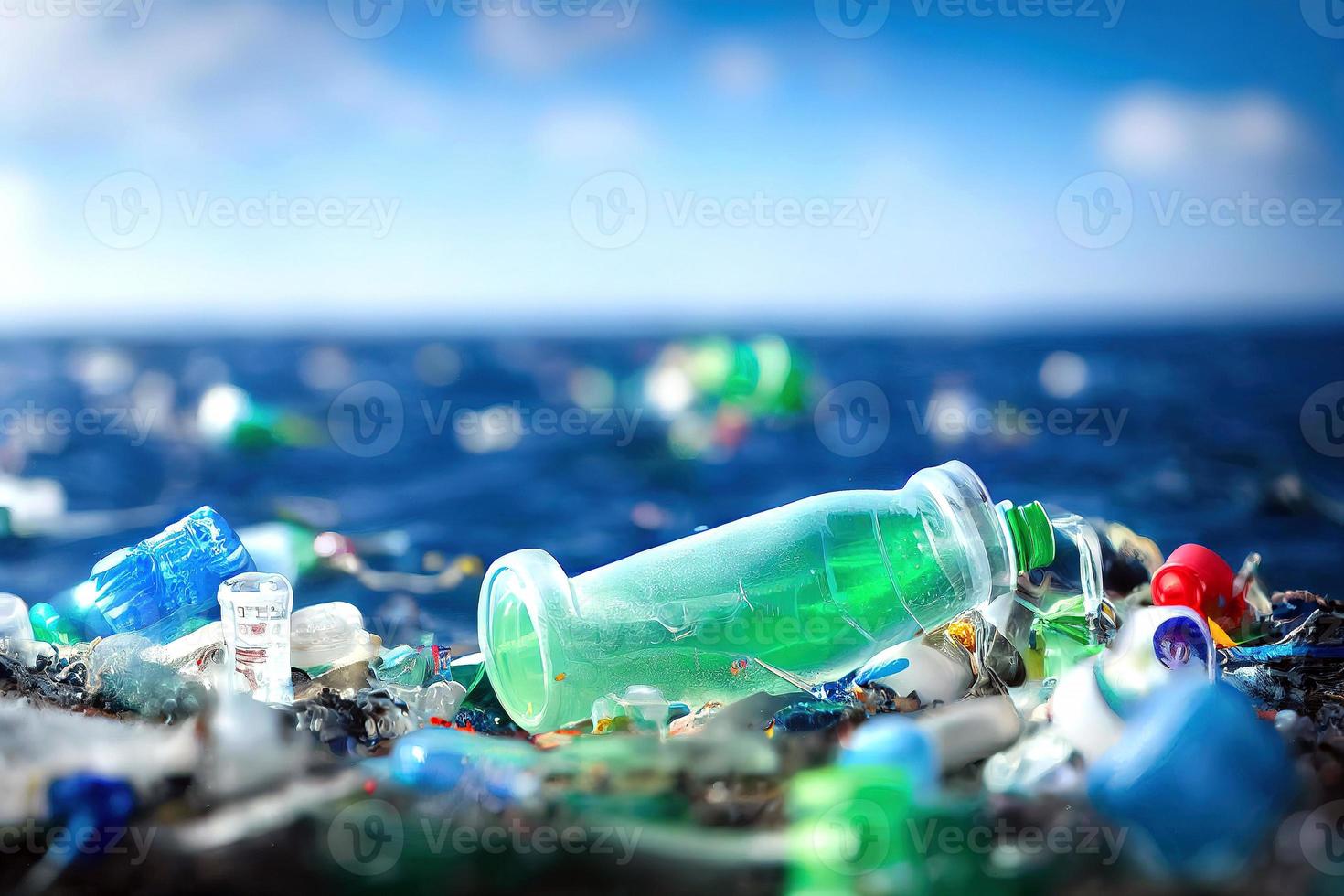 problema plastica bottiglie e microplastiche galleggiante nel il oceano. foto