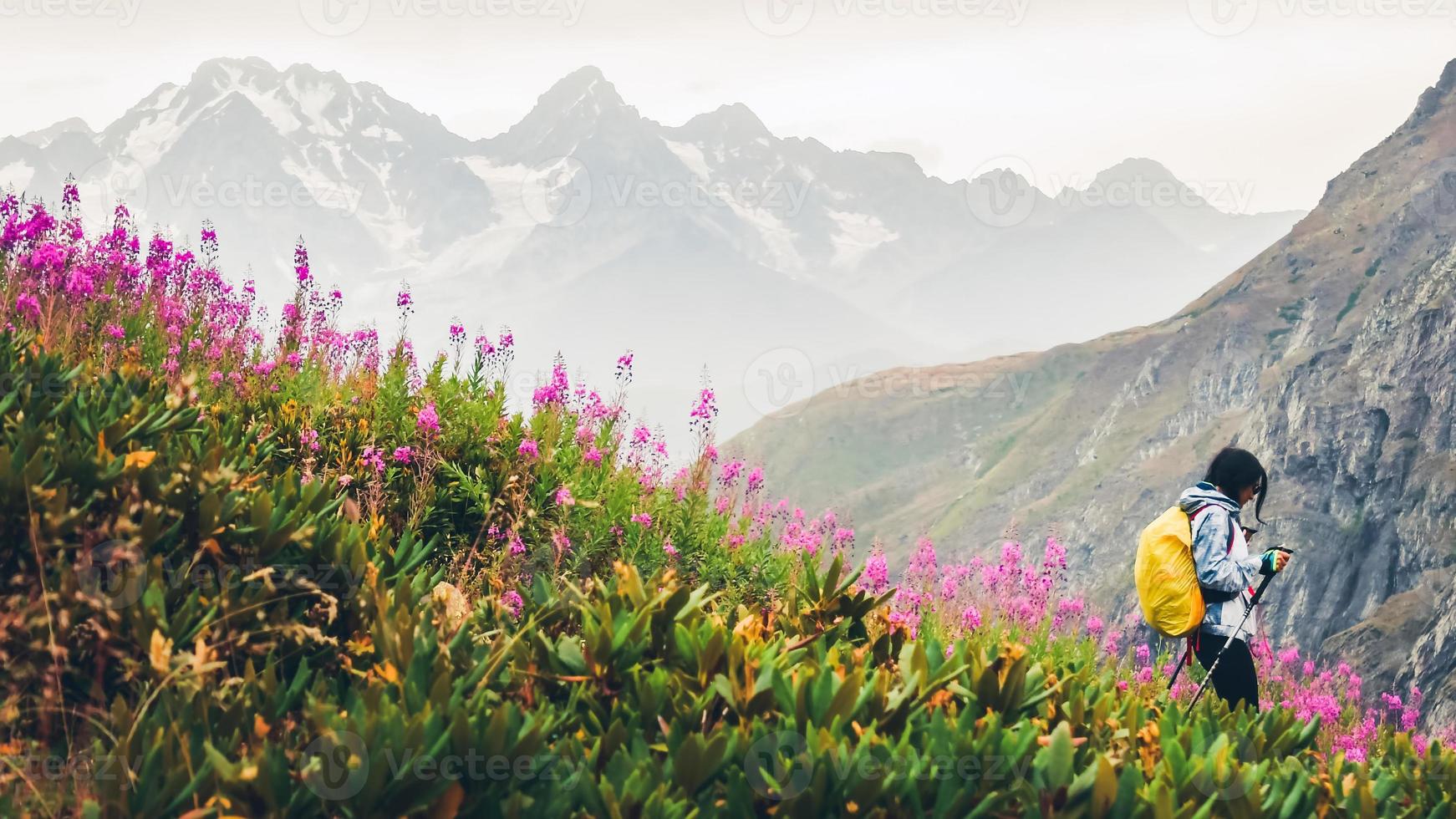 femmina escursionista con nordico camminare Pols escursione discesa nel verde Caucaso montagne escursioni a piedi pista nel primavera natura piovoso giorno.ricreativo attività e salutare stile di vita foto