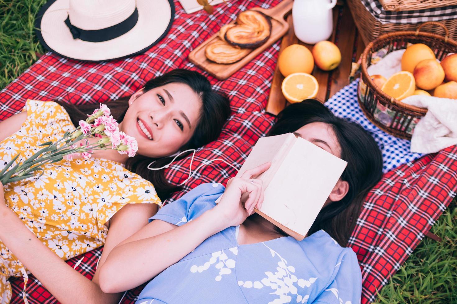 Due femmina amici godendo picnic insieme nel un' parco. foto