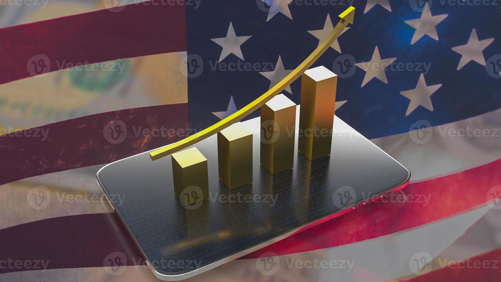 il oro attività commerciale grafico e tavoletta su America bandiera sfondo 3d interpretazione foto