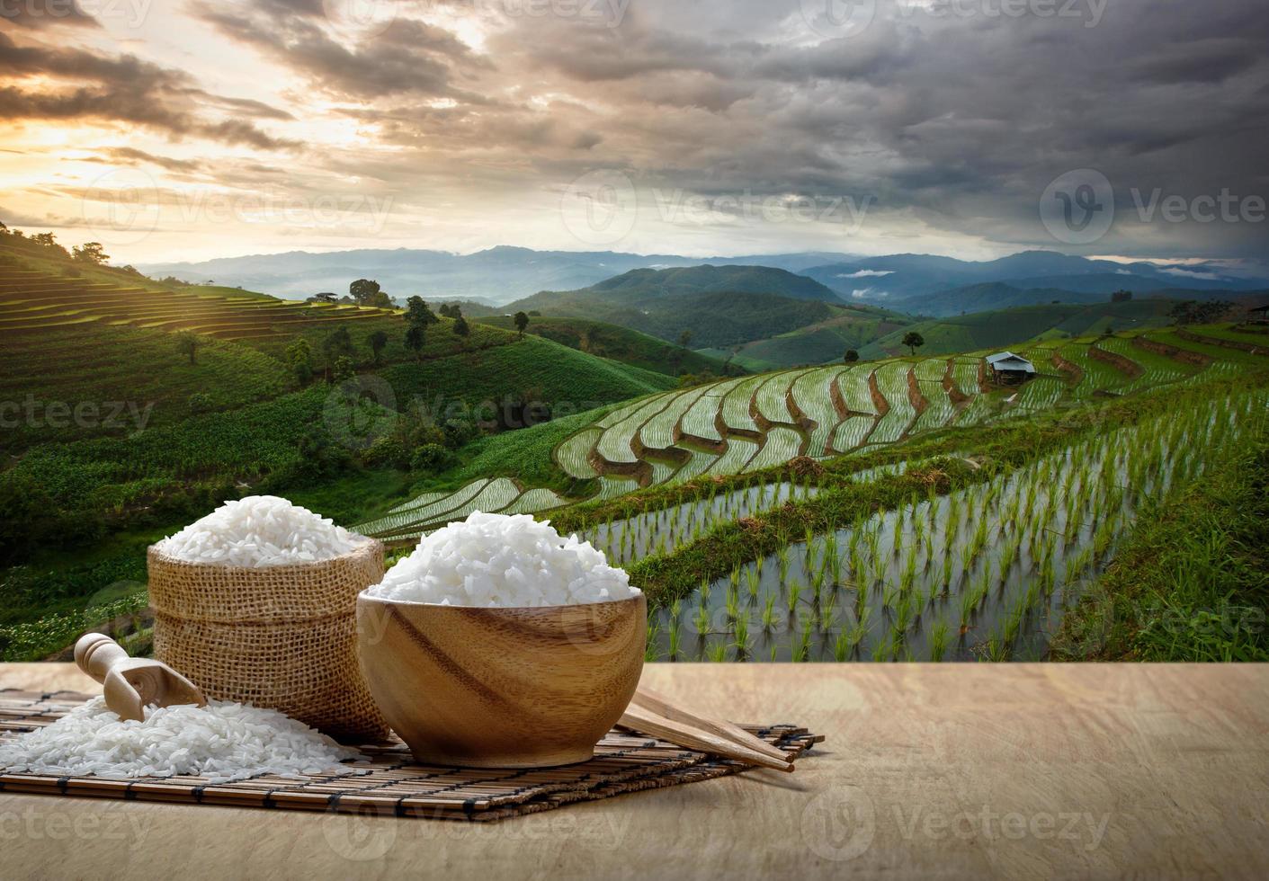 Giappone riso e cucinato riso nel di legno ciotola con il bastoncini su il di legno tavolo con il piantagione riso foto