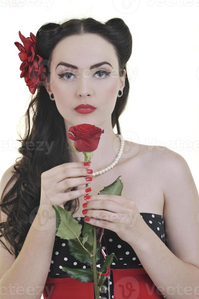 giovane donna con rosa fiore isolato su bianca foto