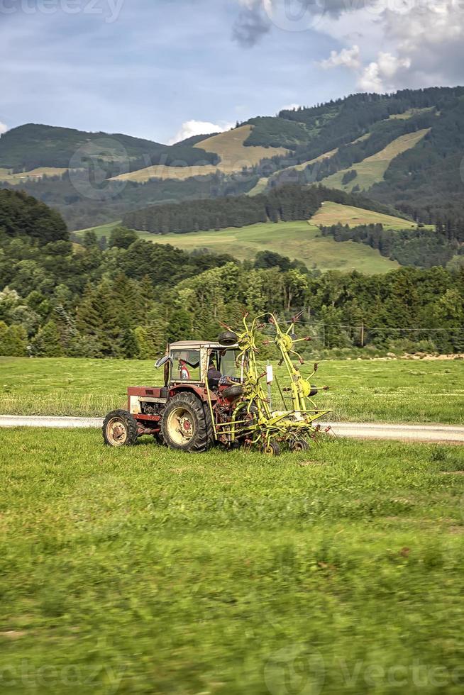 agricolo macchinari, un' trattore raccolta erba nel un' campo contro un' blu cielo. stagione raccolta, erba, agricolo terra. selettivo messa a fuoco foto