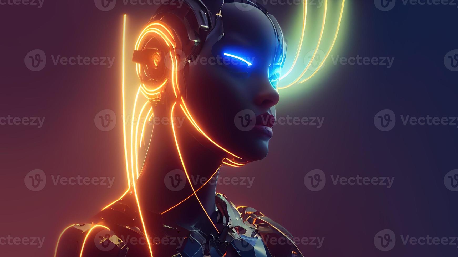 3d resa. elegante bello cyborg. metallo e raggiante Linee. futuristico donna. artificiale intelligenza. foto