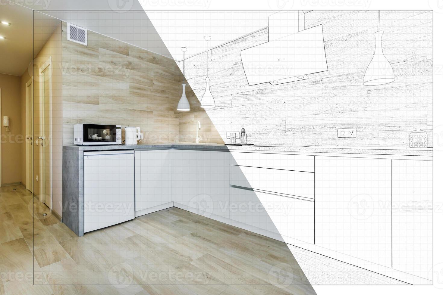 interno di il moderno lusso cucina nel studio appartamenti nel minimalista stile con leggero colore foto