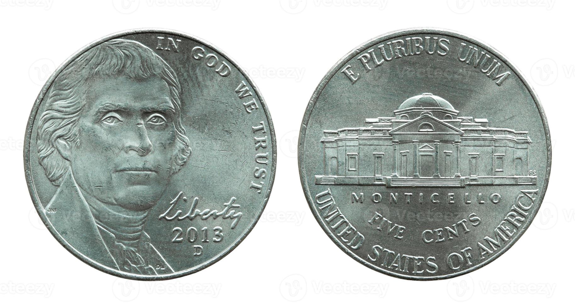 unito stati cinque centesimi moneta isolato su bianca foto