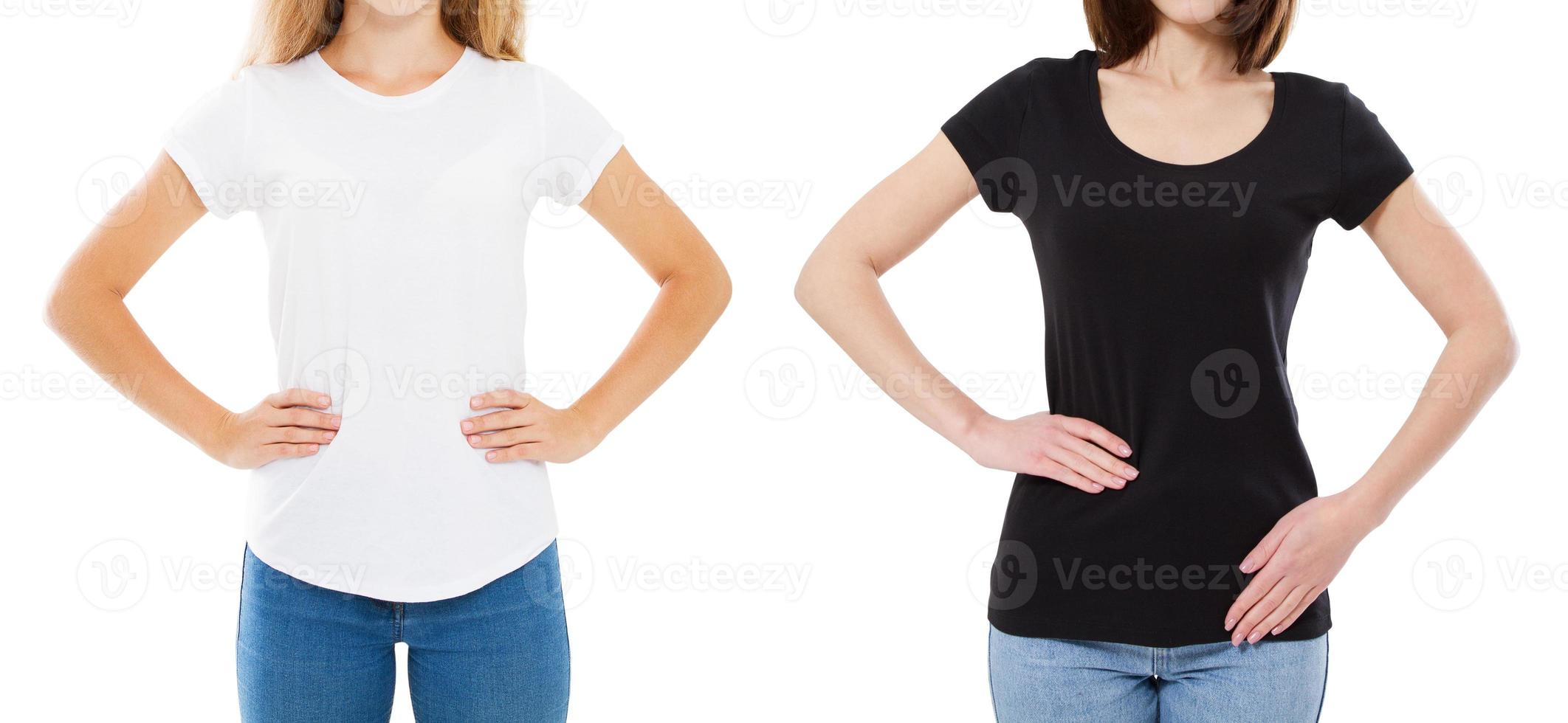 impostato di maglietta design e persone concetto - vicino su di giovane donna nel camicia vuoto bianca e nero maglietta isolato. foto
