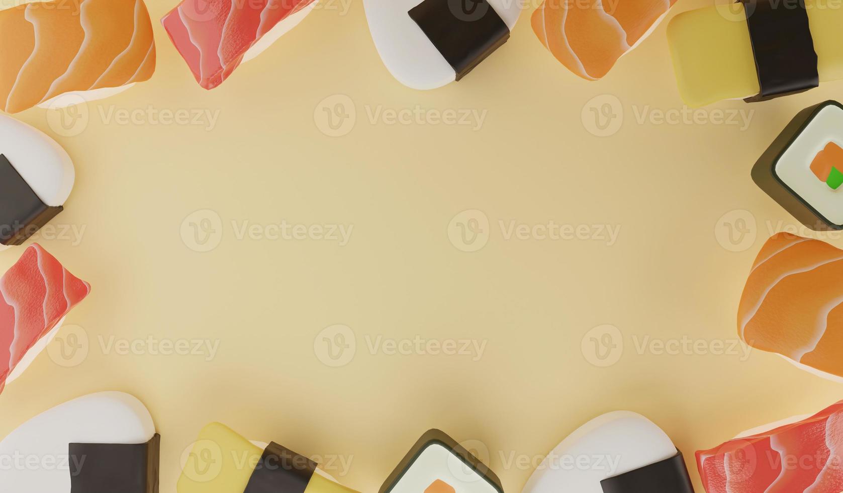 3d interpretazione superiore Visualizza di Sushi su giallo sfondo, 3d illustrazione giapponese cibo e copia spazio foto