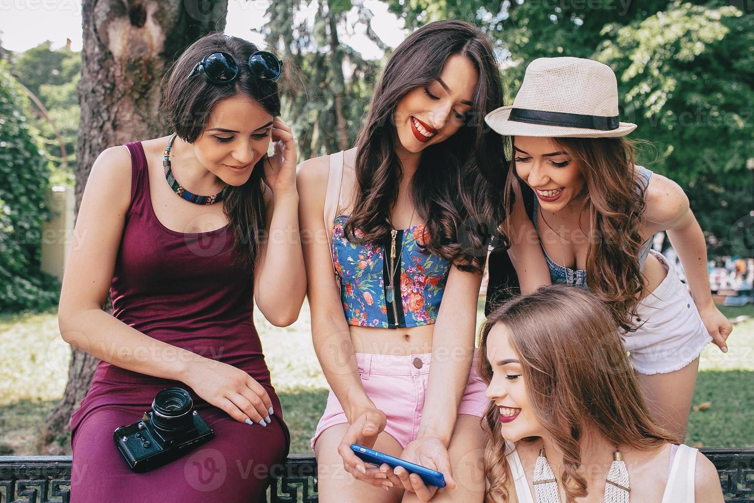 quattro bellissimo giovane ragazze guardare a il fotografie