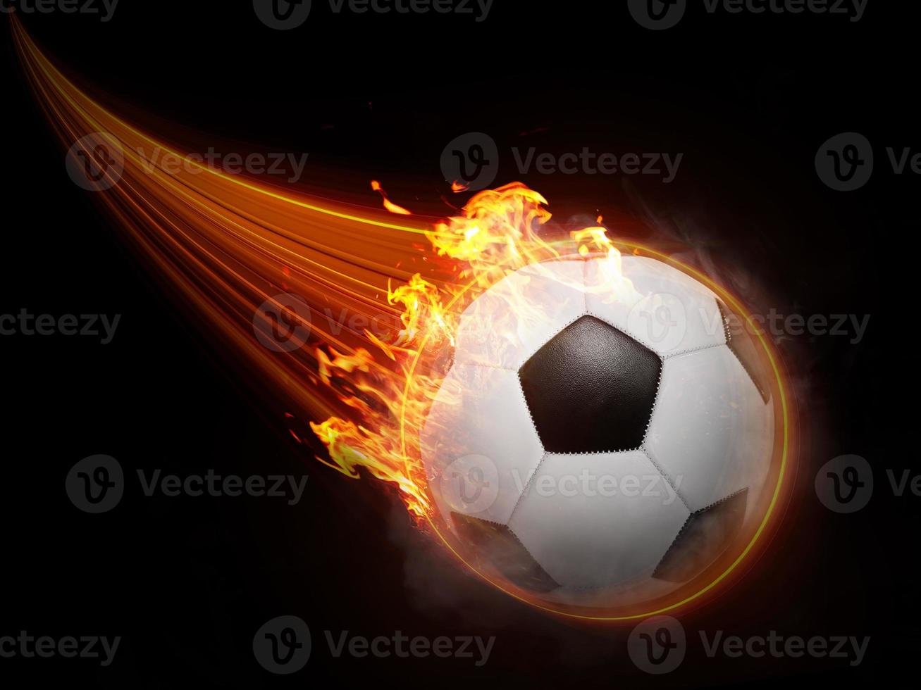 il calcio palla mosche con fulmine veloce magico effetti nel un' futuristico arancia fiamma visualizzazione un' nero sfondo. foto