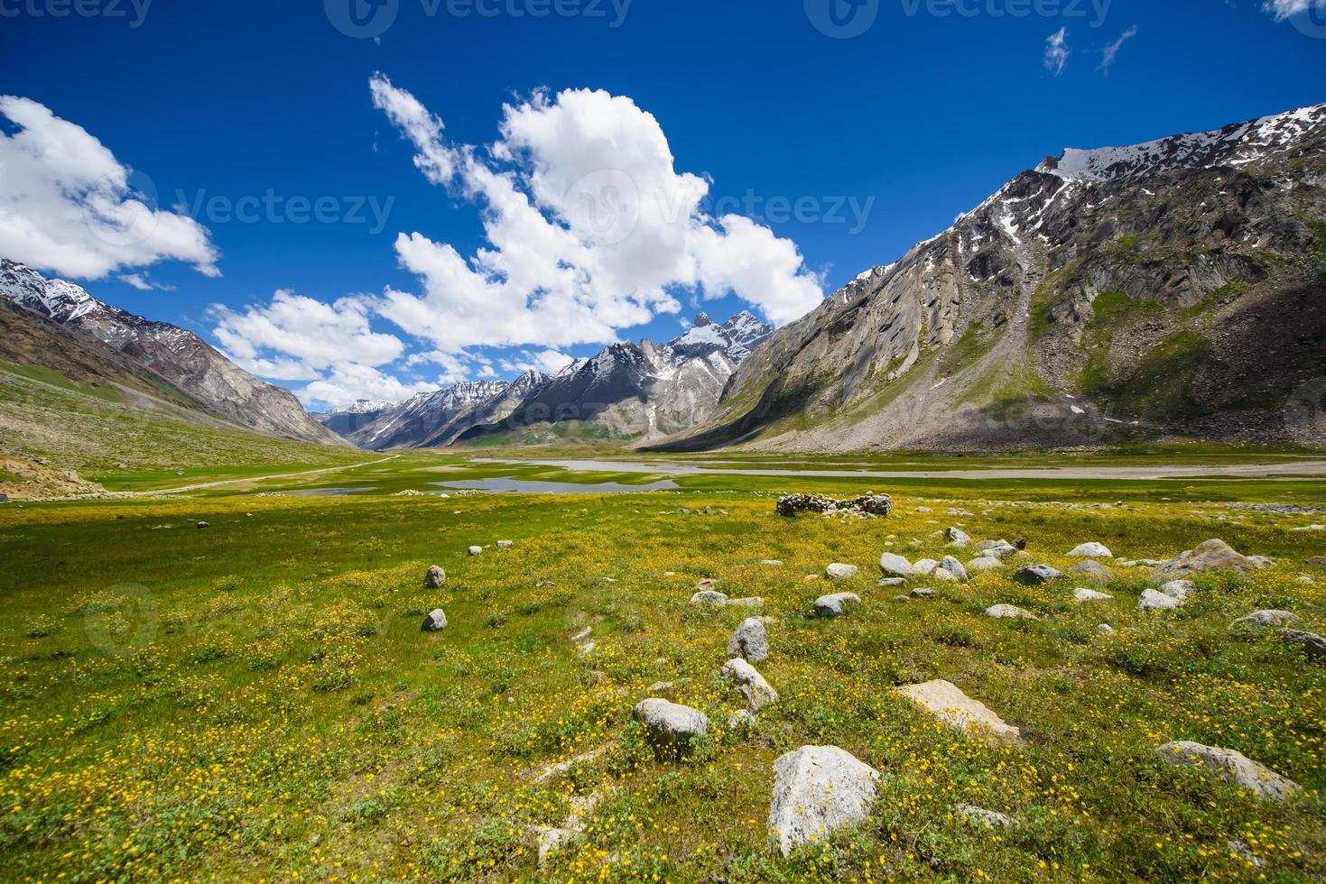 campo in montagna con nuvole nel cielo blu foto