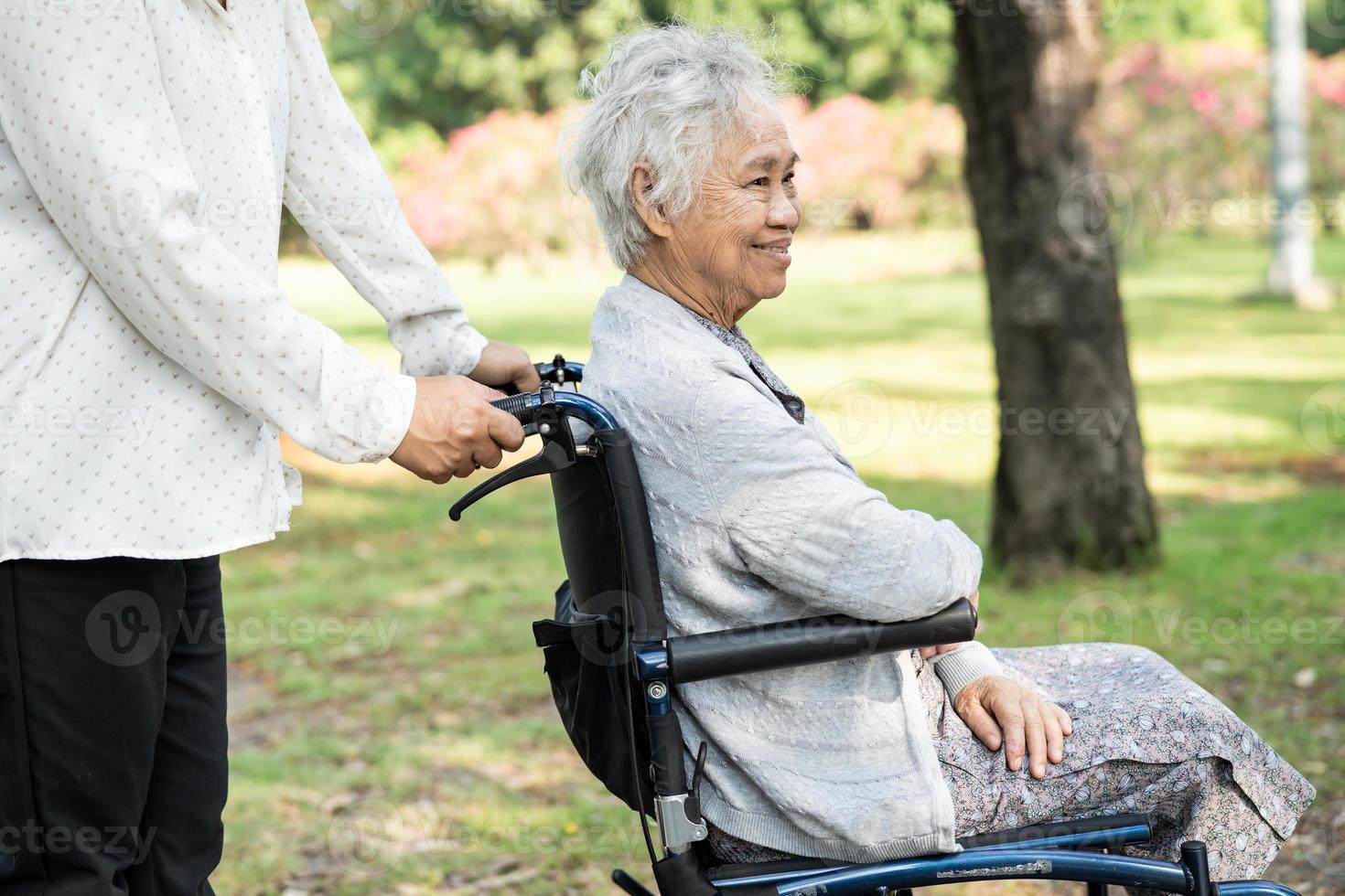 badante aiuto e cura asiatico anziano o anziano donna paziente seduta e felice sulla sedia a rotelle nel parco, sano concetto medico forte. foto