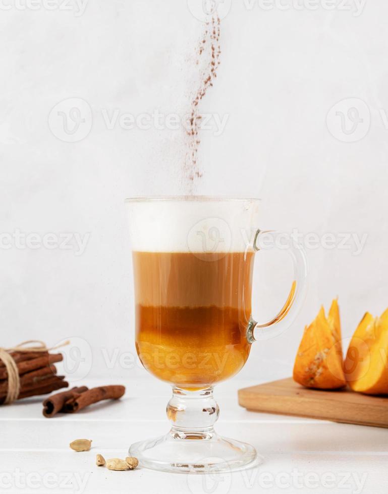 zucca Spezia latte macchiato nel un' bicchiere tazza, cannella polvere caduta foto