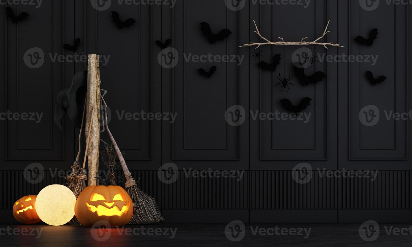 Halloween festa manifesto nel un' moderno classico frequentato Casa Camera da letto con jack-O'-lanterna zucche. pieno Luna lampade, streghe calderoni, ragno ragnatele e teschi su il pavimento. 3d interpretazione illustrazione foto